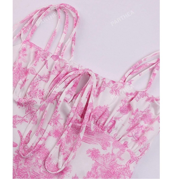 Floral Print Pink on White Long Dress Sheath, Drawstring Ties Maxi Stretchy - Picture 9 of 15